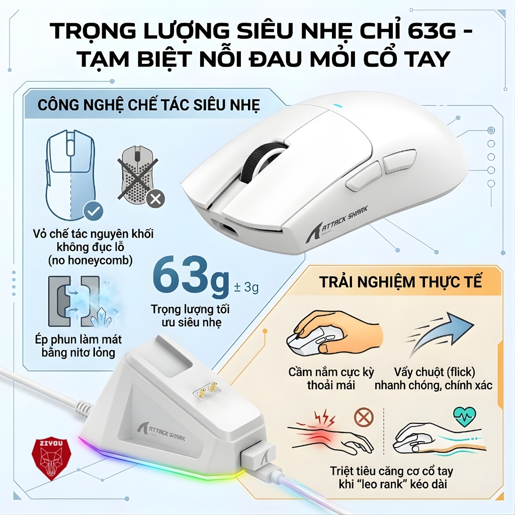 Chuột Không Dây Bluetooth Chuyên Gaming Ziyou Attack Shark X11 Chip Khủng PAW3311 Pollingrate 1Khz | BigBuy360 - bigbuy360.vn
