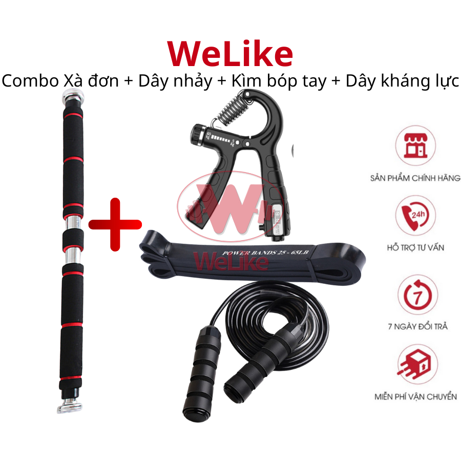 Combo Xà đơn và phụ kiện tập toàn thân Welike - Xà đơn + Kìm bóp tay + Dây kháng lực + Dây nhảy tập gym tại nhà