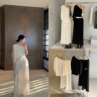 𝐏𝐡𝐢𝐞𝐧 𝐖𝐆𝐖𝐄 | (Sẵn Đen) w8900 Set Thô Đũi Áo Lệch Vai Quần Ống Suông Rộng