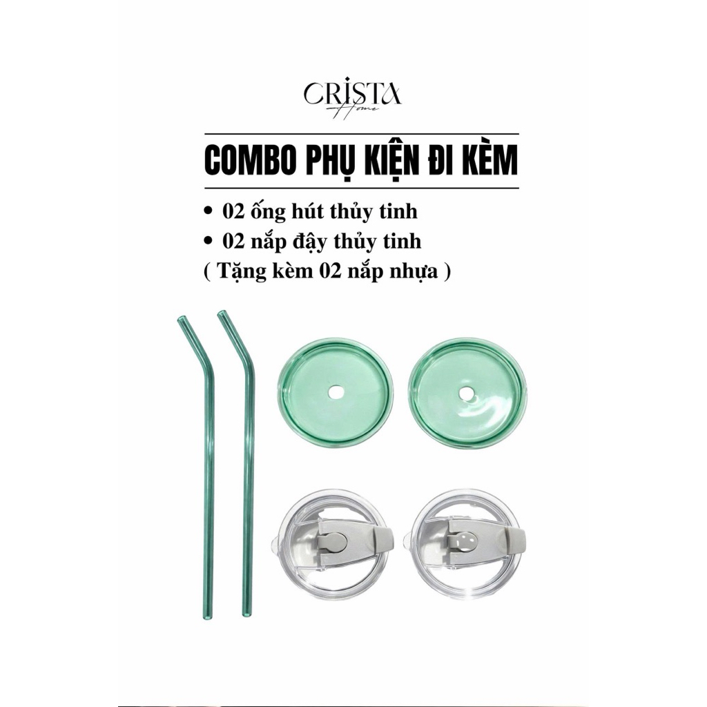 Bộ 2 Cốc Thủy Tinh 500ml Kèm Ống Hút Crista Home 60243 | Cốc Pha Lê Cao Cấp Có Nắp | Tặng 2 Nắp Nhựa Chống Tràn