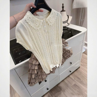 LT - Áo len nữ cổ bẻ cổ ren, len đan dệt kim cộc tay free size 1628
