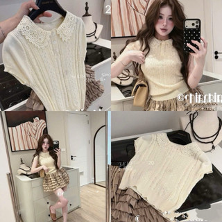 LT - Áo len nữ cổ bẻ cổ ren, len đan dệt kim cộc tay free size 1628