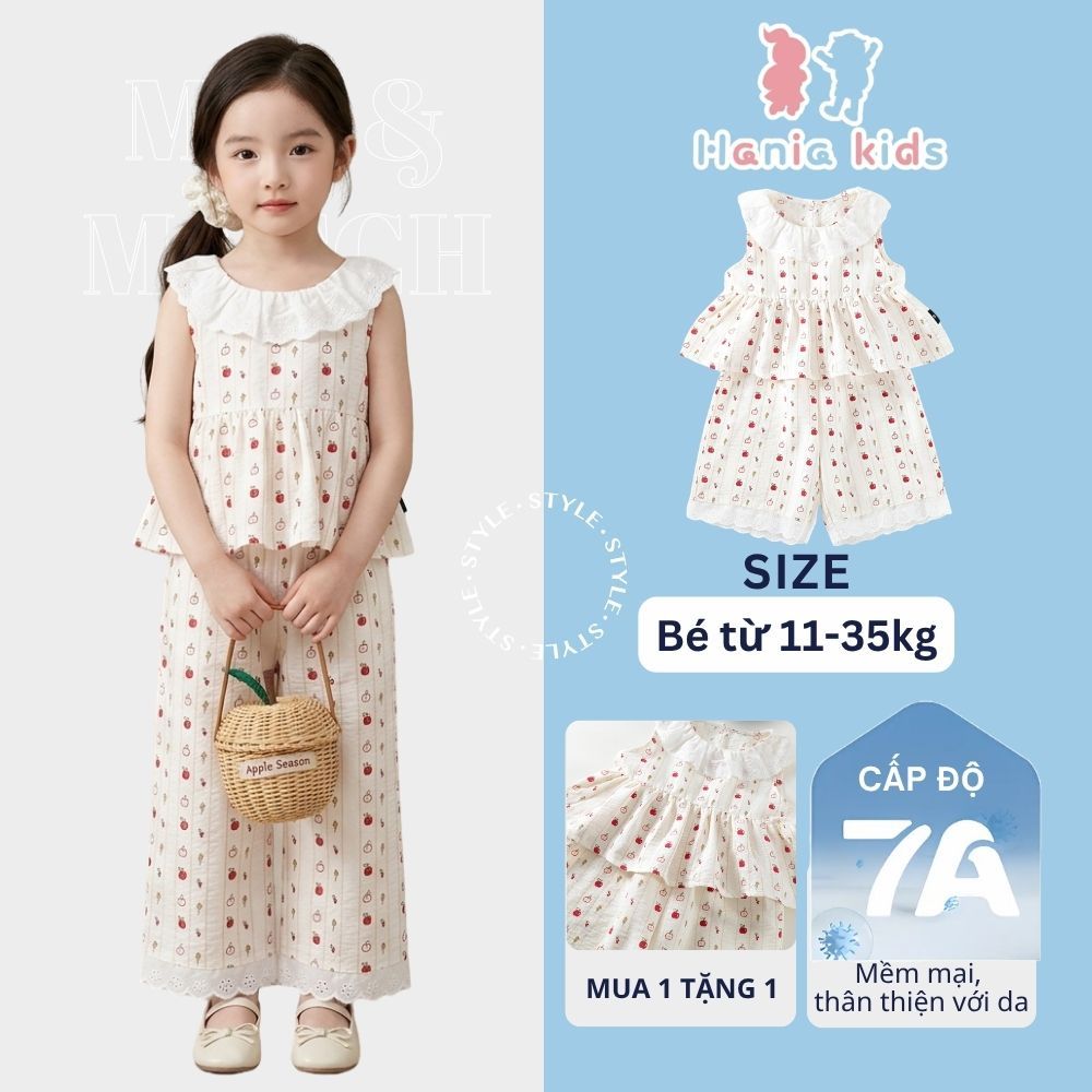 Set Đồ Bé Gái, Đồ Bộ Bé Gái Phong Cách Tiểu Thư Cổ Áo Phối Bèo Kèm Quần Suông Chất Liệu Cotton