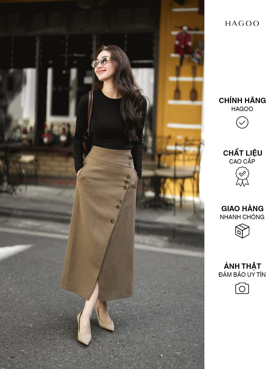 Chân váy nữ vạt lệch khuy trang trí HAGOO phong cách thanh lịch [CV739]
