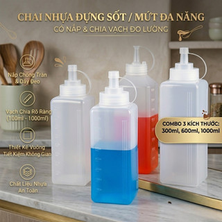Chai nhựa đựng sốt/mứt có nắp có chia vạch - Bình Tương vuông đa năng - Hùng Home