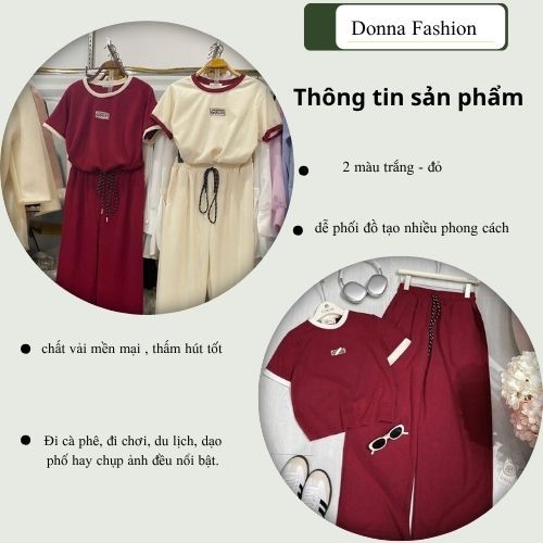 Đồ bộ nữ Dona HCOM25064,Set đồ nữ áo thun cộc tay phối quần suông dài cạp chun năng động