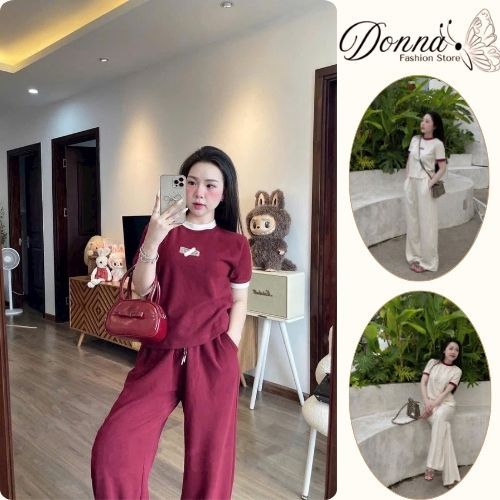 Đồ bộ nữ Dona HCOM25064,Set đồ nữ áo thun cộc tay phối quần suông dài cạp chun năng động