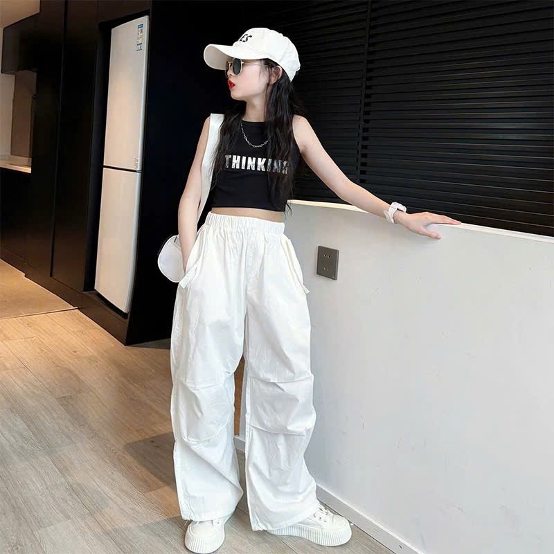 Set áo croptop bé gái sát nách in chữ phối quần ống rộng form suông phong cách cá tính năng động mẹ bé 13-55kg