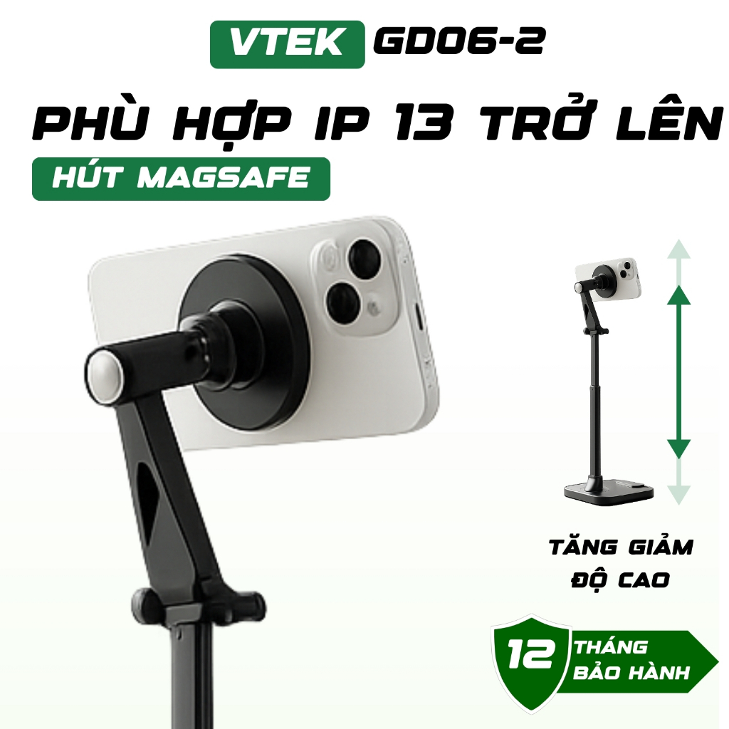 Giá Đỡ Điện Thoại Magsafe VTEK GD06-2 – Kẹp Nam Châm Magsafe, Khớp Xoay Đa Góc - Tặng Kèm Magsafe Hỗ Trợ