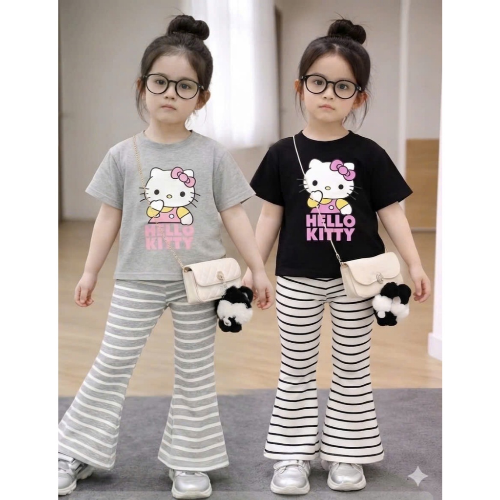 Set bộ áo thun quần ống loe in hình Hello Kitty đáng yêu cho bé từ 8-30kg