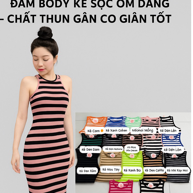Đầm body kẻ  sát nách dáng dài xinh xắn tôn dáng
