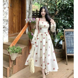 Đầm maxi thời trang nữ chất voan 2 dây kèm khoác gân tay dài họa tiết in hoa váy xòe dáng dài xinh xắn