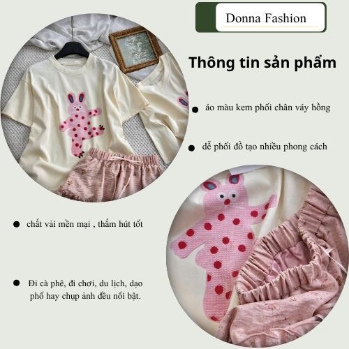 Set đồ nữ Donna HCOM25057, áo thun cộc tay nữ phối chân váy hồng xòe xếp ly