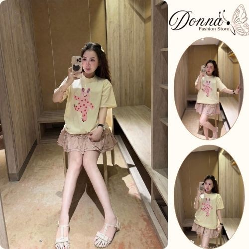Set đồ nữ Donna HCOM25057, áo thun cộc tay nữ phối chân váy hồng xòe xếp ly