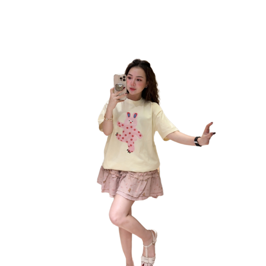 Set đồ nữ Donna HCOM25057, áo thun cộc tay nữ phối chân váy hồng xòe xếp ly