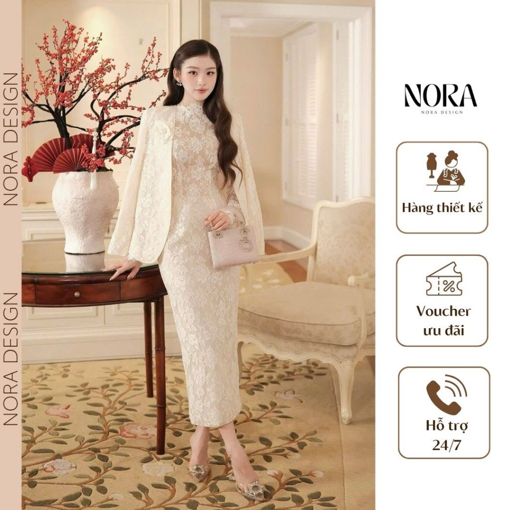 Set Váy Áo Tiểu Thư Sang Chảnh NORA, Váy Dáng Dài, Ôm Eo Tôn Dáng Kèm Áo Khoác Ngoài Dài Tay Chất Ren Cao Cấp S1066