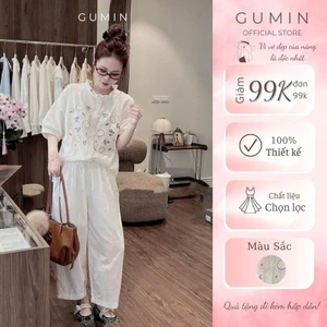 Set bộ đũi hoa GUMIN thiết kế áo cổ viền bèo in hoa kèm quần suông thanh lịch, Set bộ đồ nữ sang chảnh cao cấp