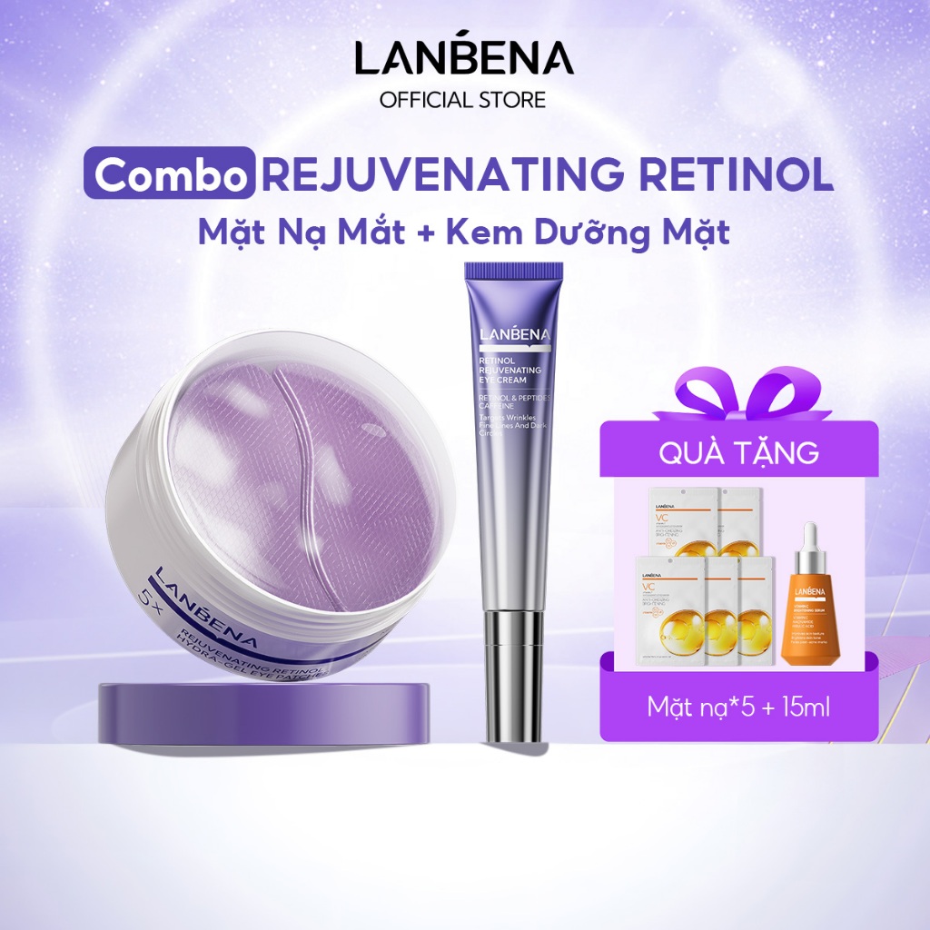 LANBENA Combo mặt nạ mắt và kem dưỡng mắt (60pcs+15ml) - Retinol giảm bọng mắt,giảm nhăn mắt,dưỡng ẩm Skincare