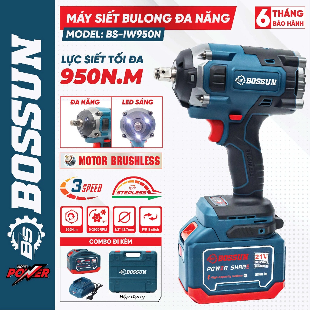 Máy Siết Bulong BS BOSSUN BS-IW950N, Lực siết 950N.m - Mở Ốc Ô Tô Tải Dễ Dàng - Bảo Hành Chính Hãng