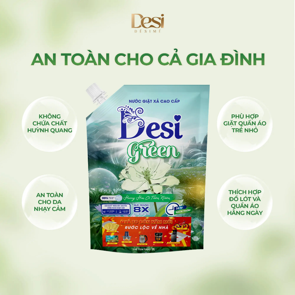 Nước Giặt Xả Cao Cấp Desi Green , Túi Nước Giặt 2 Lít ,Công Nghệ Xanh, Sạch Sâu, Thơm Lâu Chuẩn Pháp