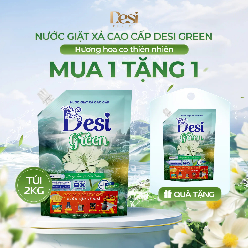 Nước Giặt Xả Cao Cấp Desi Green , Túi Nước Giặt 2 Lít ,Công Nghệ Xanh, Sạch Sâu, Thơm Lâu Chuẩn Pháp