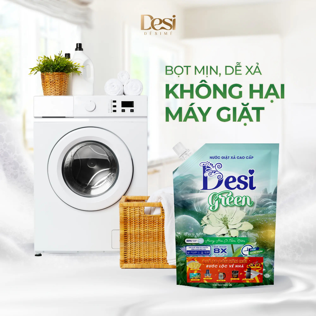 Nước Giặt Xả Cao Cấp Desi Green , Túi Nước Giặt 2 Lít ,Công Nghệ Xanh, Sạch Sâu, Thơm Lâu Chuẩn Pháp