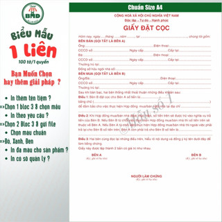 Hợp đồng Đặt Cọc Nhà Đất/Căn Hộ 1 liên(A4)-Bloc 1(sẵn) & Bloc 3(chọn mẫu in tên) hoặc theo thiết kế