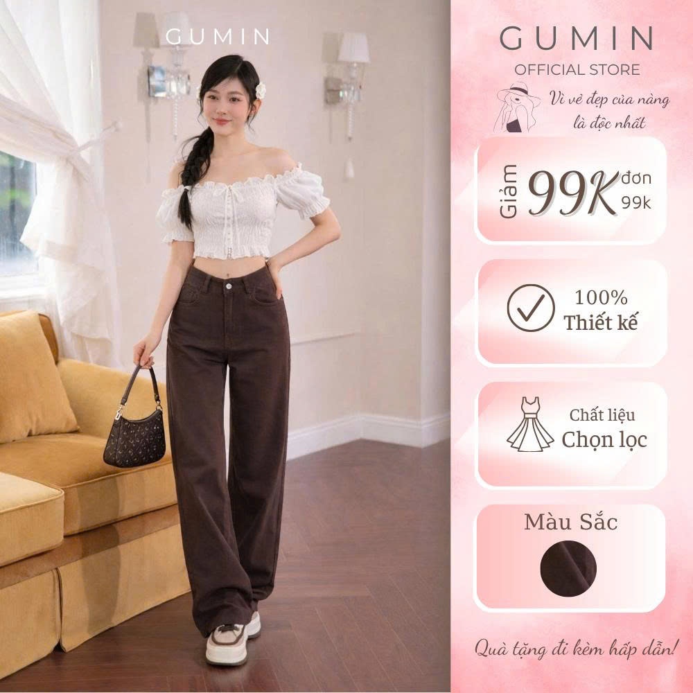 Quần jean w.e nâu GUMIN thiết kế quần dáng suông dài thanh lịch, quần bò nữ sang chảnh dày dặn cao cấp