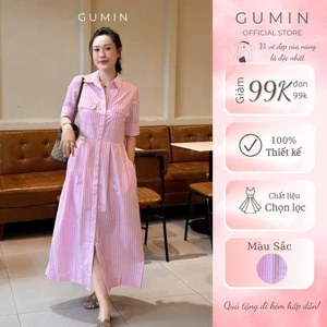 Đầm sơ mi kẻ hồng GUMIN thiết kế đầm dáng dài phối túi ngực kèm đai eo thanh lịch, Váy maxi dự tiệc sang trọng