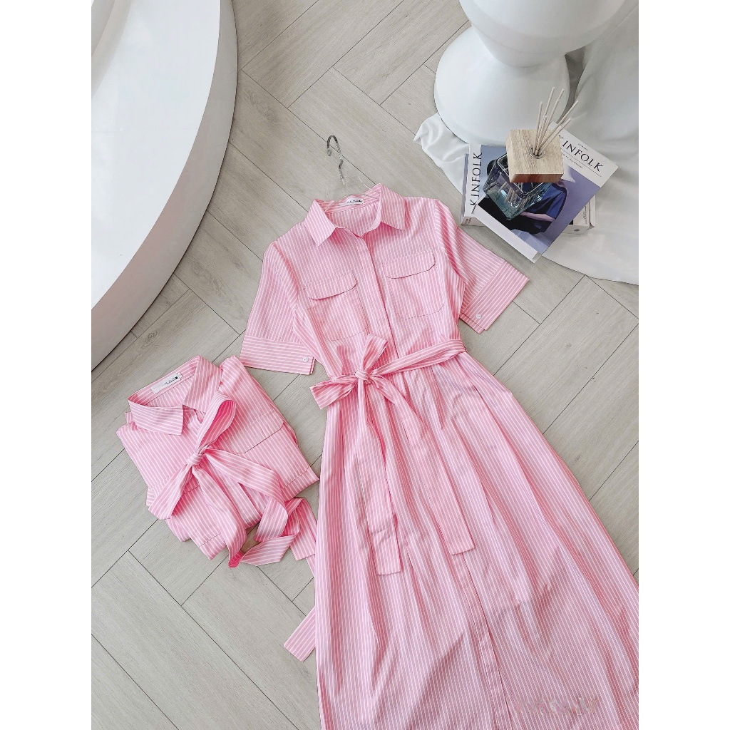 Đầm sơ mi kẻ hồng GUMIN thiết kế đầm dáng dài phối túi ngực kèm đai eo thanh lịch, Váy maxi dự tiệc sang trọng