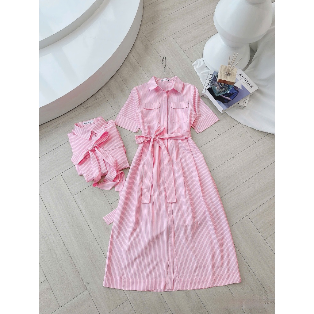 Đầm sơ mi kẻ hồng GUMIN thiết kế đầm dáng dài phối túi ngực kèm đai eo thanh lịch, Váy maxi dự tiệc sang trọng