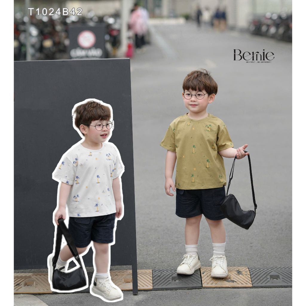 (Hãng Bernie)-Bộ quần áo cộc tay SUNSHINE họa tiết cây Dừa chất áo cotton co dãn ,quần da cá màu Jean mềm thoải mái
