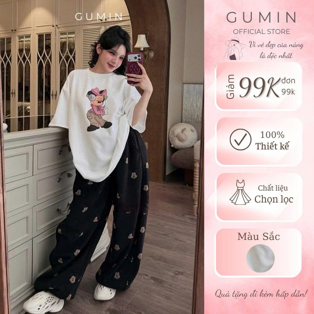 Set bộ nữ mặc nhà GUMIN thiết kế áo thun rộng in hình mic.key kèm quần bom dáng rộng sang chảnh cao cấp