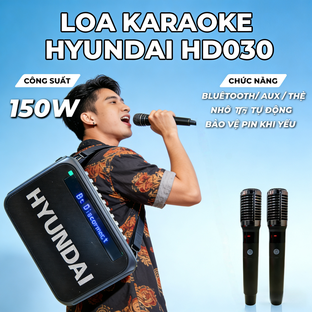 (Bestseller) Loa HYUNDAI Loa Karaoke Xách Tay HD030, Công Suất Lớn 150W Đèn Led RGB Kèm 2 Micro