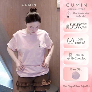 Set 2 áo pull hồng GUMIN thiết kế áo dáng rộng basic thêu hình sang chảnh, áo phông nữ dày dặn cao cấp