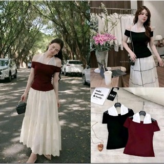 Áo Thun Trễ Vai Phối Cổ Yếm Xoắn Chất Borip Mềm Mại Tôn Dáng, Áo Kiểu Trễ Vai Nữ Co Giãn TN03 RUSY