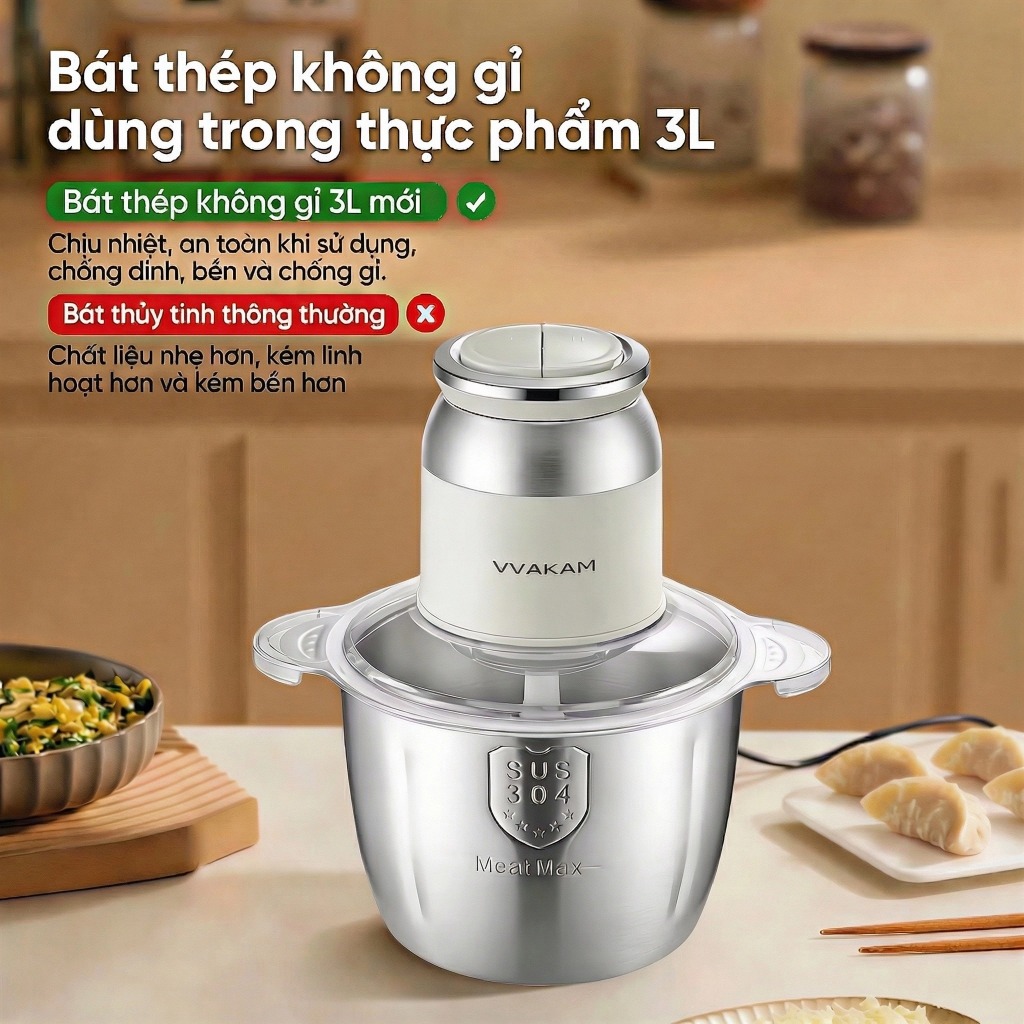 VVAKAM Máy xay thịt đa năng 3L Cối Thủy 300W dao Thép không gỉ máy say thịt ăn dặm cho bé tỏi ớt lưỡi