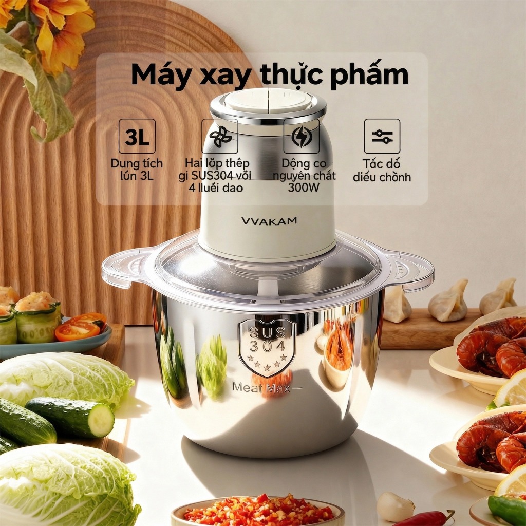 VVAKAM Máy xay thịt đa năng 3L Cối Thủy 300W dao Thép không gỉ máy say thịt ăn dặm cho bé tỏi ớt lưỡi