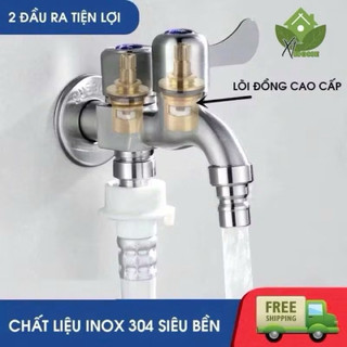 Vòi nước 2 đầu ra inox cho máy giặt chia nước thành 2 cổng xả độc lập