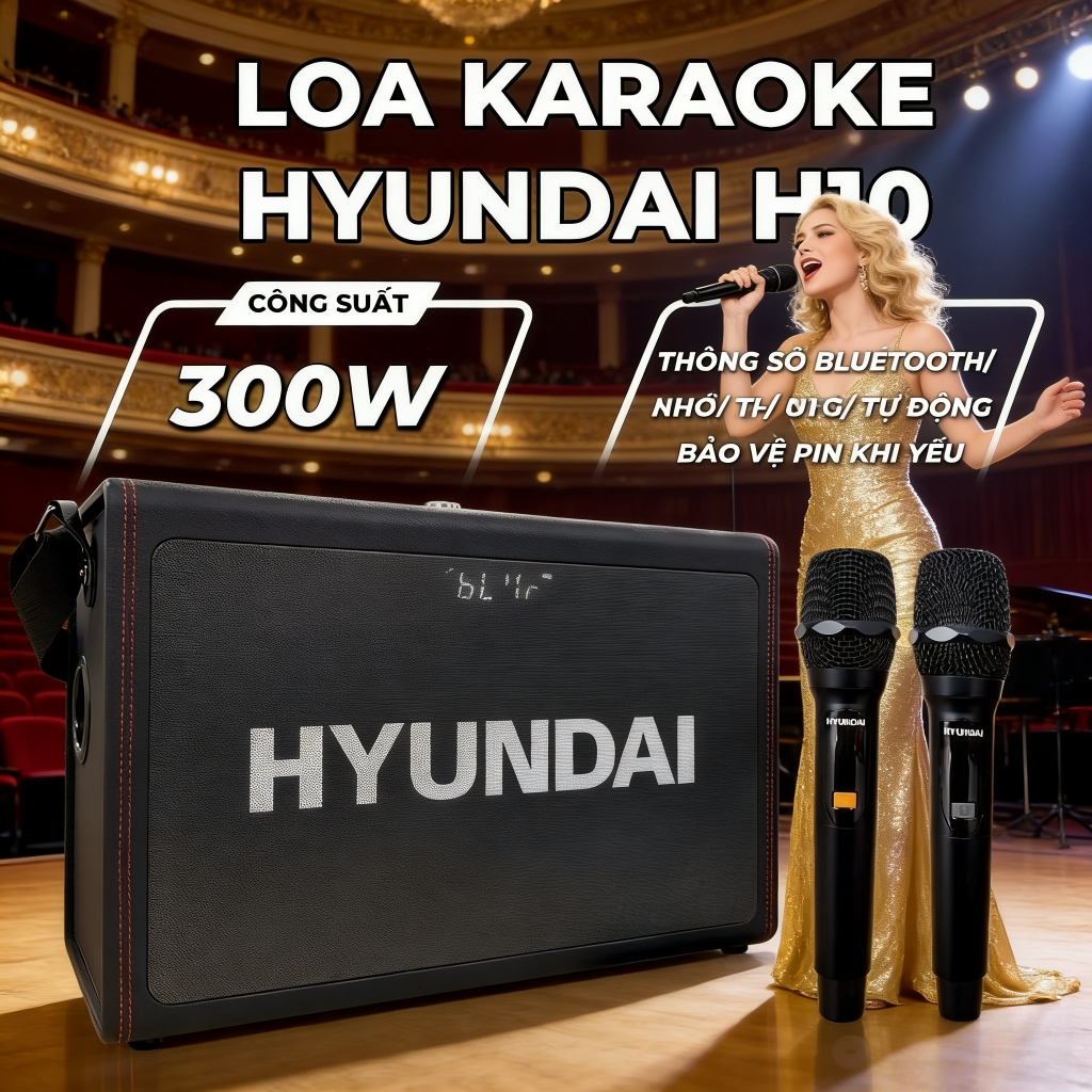 Loa HYUNDAI Loa Karaoke Xách Tay H10, Công Suất Lớn 300W Kèm 2 Micro