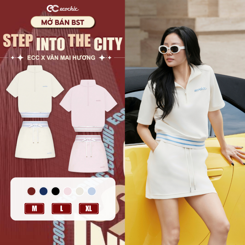 Set Chân Váy Ngắn ECOCHIC B219 Khoá Áo Halfzip Cạp Váy Bo Dệt Logo Thêu Chất Liệu Cao Cấp Chính Hãng