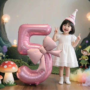 Bóng Số Tuổi Màu Hồng Pastel, Số Hồng Kèm Nơ Lì Trang Trí Sinh Nhật, Decor Party, Thôi Nôi, Sự Kiện