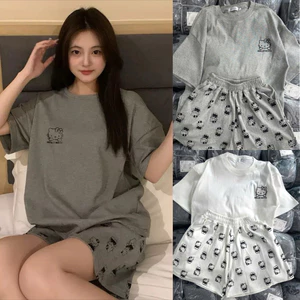 Sét Áo Cộc Tay Phối Kèm Quần Đùi Hoạ Tiết Mèo Hello Kitty From Rộng Chất Cotton Mềm Mát