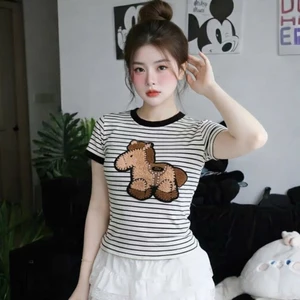 Áo thun BABYTEE kẻ coton zip mềm thêu đáp logo ngựa nâu ngọc mẫu mới mùa hè 2026