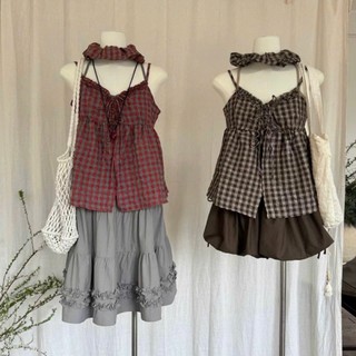 Set Áo Dây Họa Tiết Kẻ Caro Phối Yếm Dáng Babydoll Thắt Dây Chất Đũi Kèm Dây Buộc Hàng Quảng Châu.