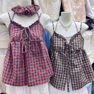 Set Áo Dây Họa Tiết Kẻ Caro Phối Yếm Dáng Babydoll Thắt Dây Chất Đũi Kèm Dây Buộc Hàng Quảng Châu.