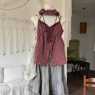 Set Áo Dây Họa Tiết Kẻ Caro Phối Yếm Dáng Babydoll Thắt Dây Chất Đũi Kèm Dây Buộc Hàng Quảng Châu.