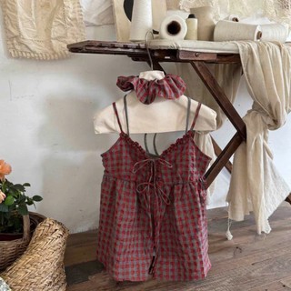 Set Áo Dây Họa Tiết Kẻ Caro Phối Yếm Dáng Babydoll Thắt Dây Chất Đũi Kèm Dây Buộc Hàng Quảng Châu.