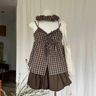 Set Áo Dây Họa Tiết Kẻ Caro Phối Yếm Dáng Babydoll Thắt Dây Chất Đũi Kèm Dây Buộc Hàng Quảng Châu.