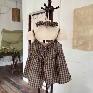 Set Áo Dây Họa Tiết Kẻ Caro Phối Yếm Dáng Babydoll Thắt Dây Chất Đũi Kèm Dây Buộc Hàng Quảng Châu.